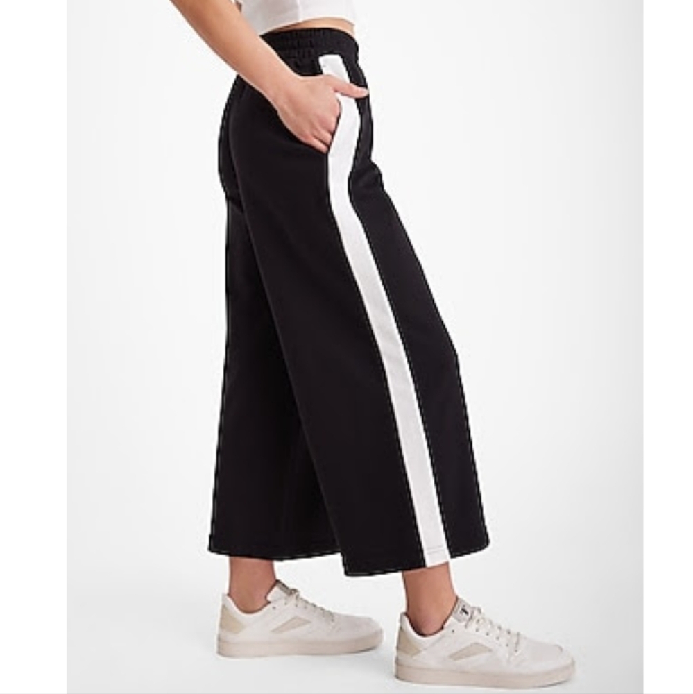 Express - High Waisted Knit Side Stripe Cropped Wide Leg Pant - Medium
